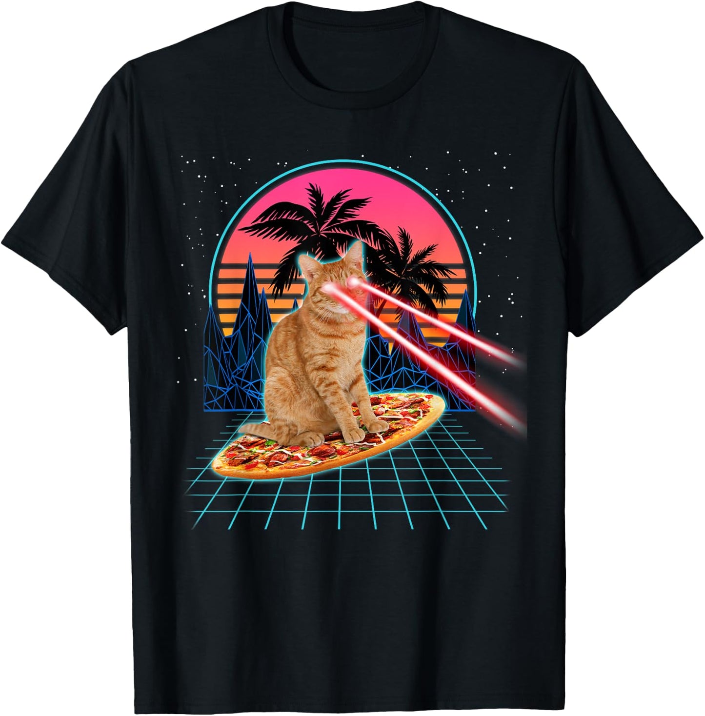 Cat Riding Pizza Laser Eyes 80s Cat In Space Cats Lovers Men Women Kids T-Shirt - T-Shirt | Black