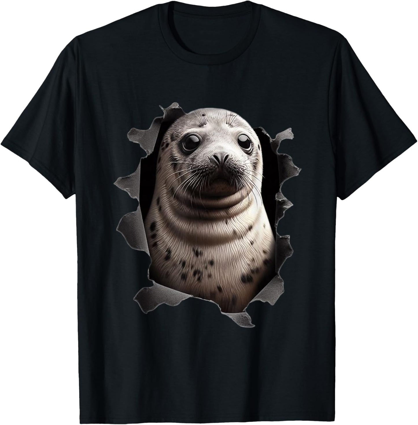 Baby seal looking out of torn cloth Funny Animal Lover T-Shirt - T-Shirt | Black