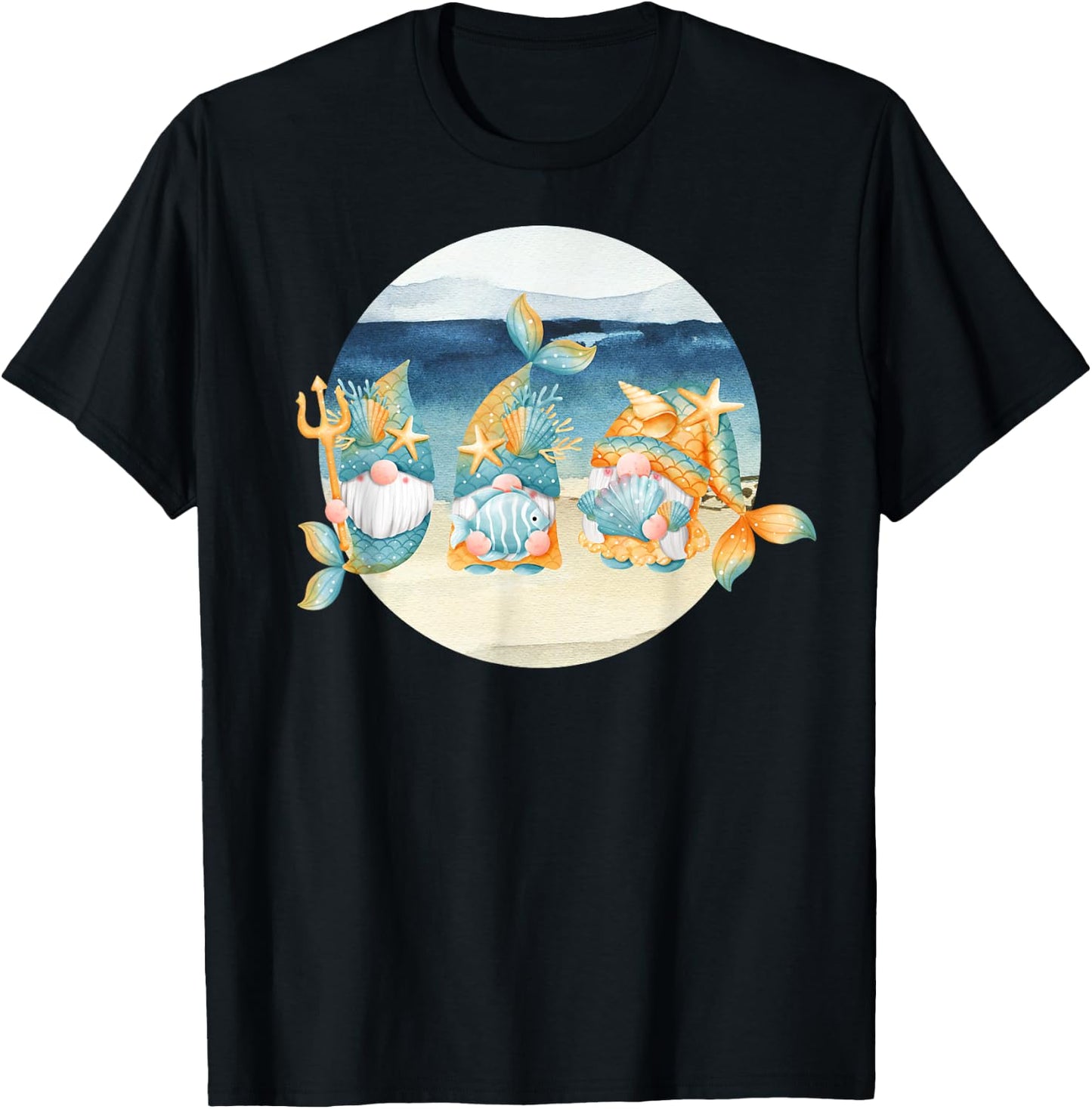 Cute Beach Mermaid Gnomes Women's Graphic T-Shirt - T-Shirt | Black