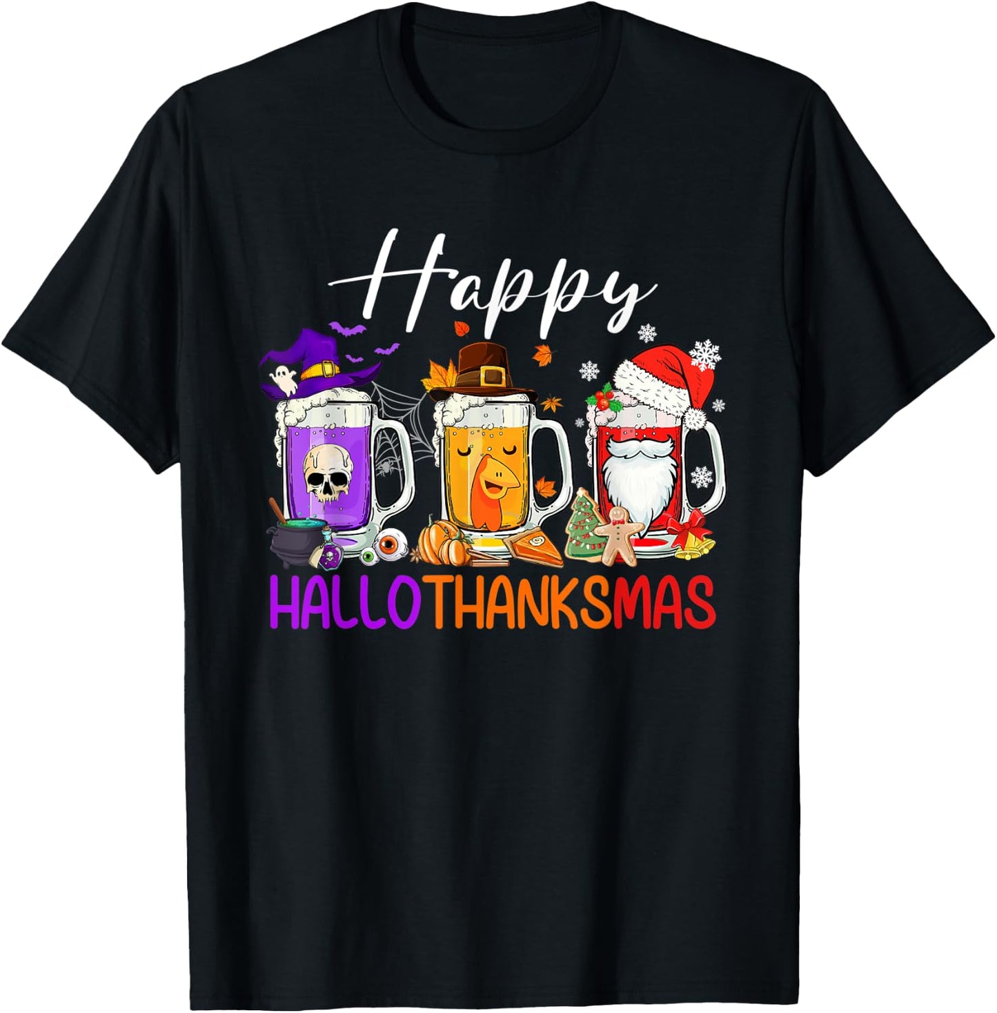 Happy Hallothanksmas Beer Halloween Thanksgiving Christmas T-Shirt - T-Shirt | Black