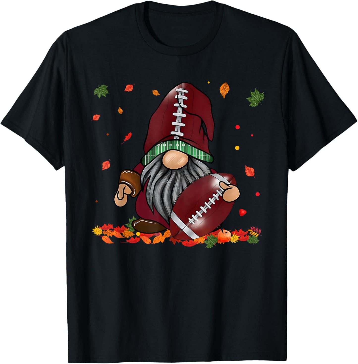 Gnome Football Season Thanksgiving Fall Leaves Autumn T-Shirt - T-Shirt | Black