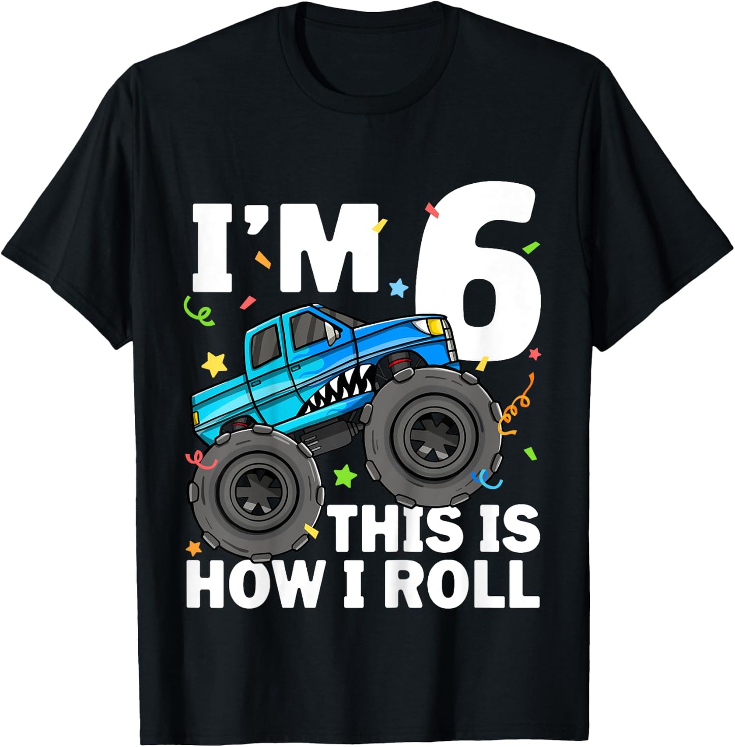 Kids Monster Truck Shark 6th Birthday Boy 6 Six Year Old T-Shirt - T-Shirt | Black