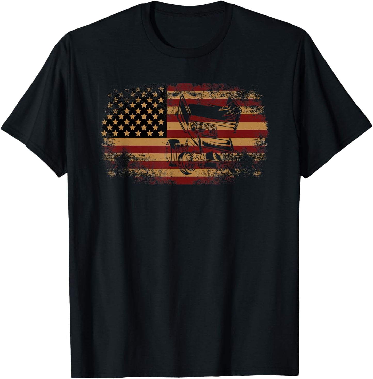 Dirt Track Racing Sprint Car Vintage USA American Flag T-Shirt - T-Shirt | Black