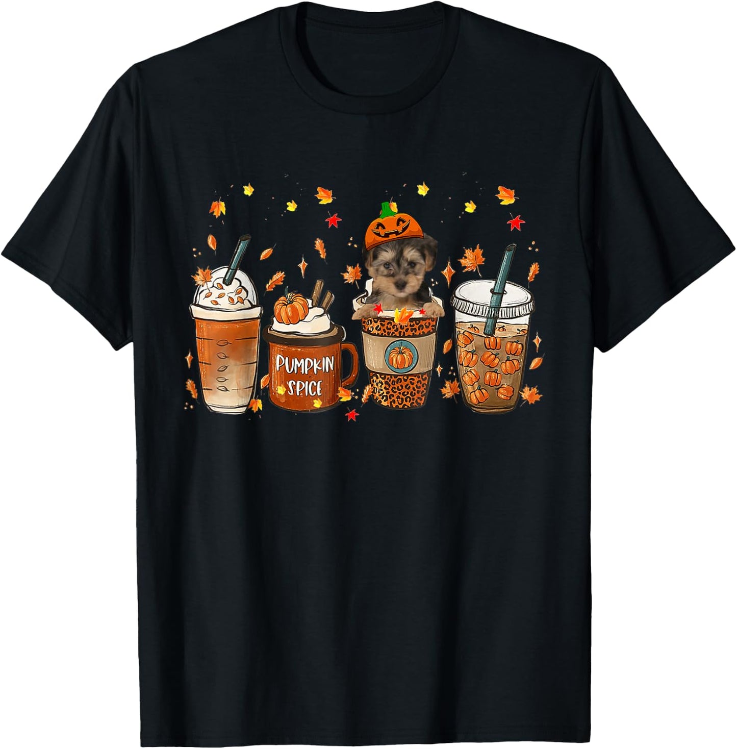 Yorkipoo Fall Coffee Pumpkin Spice Latte Iced Autumn T-Shirt - T-Shirt | Black