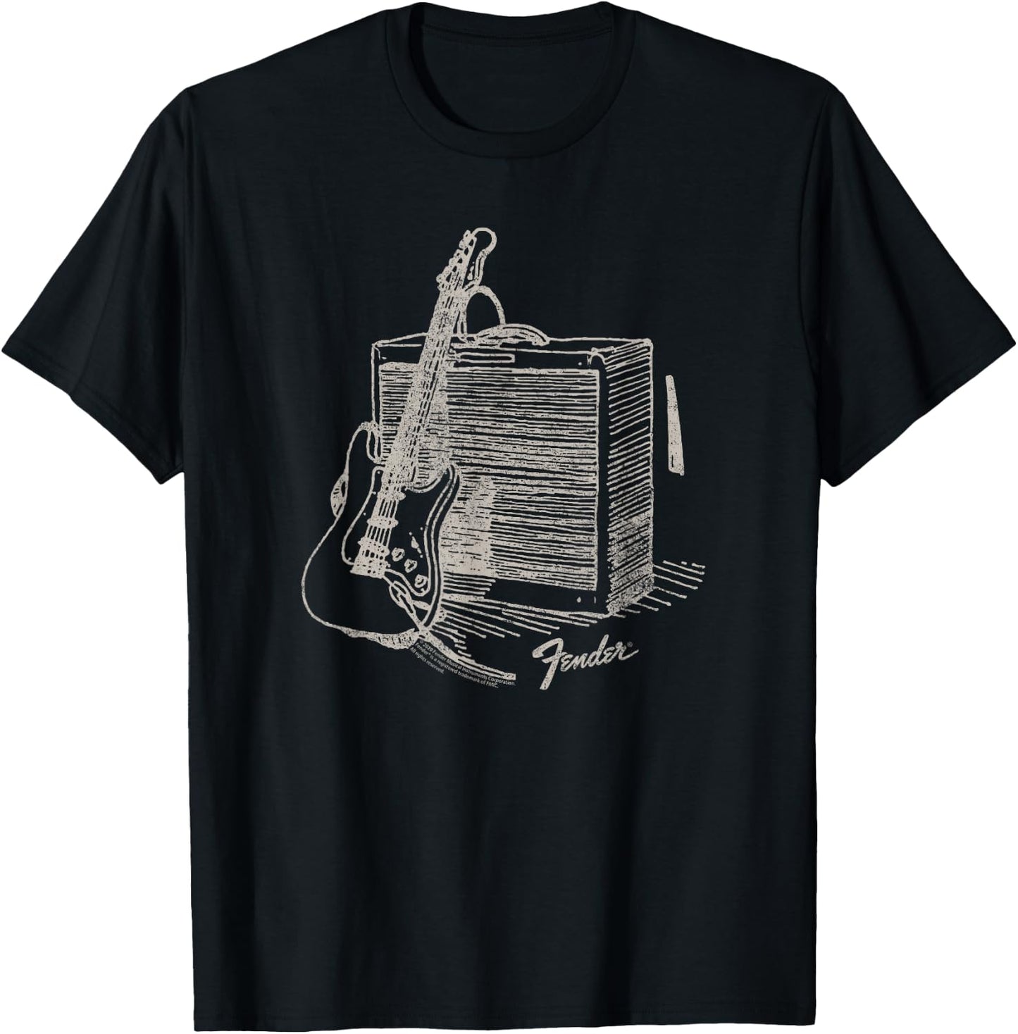 Fender Guitar Resting On Amplifier Retro Outline Image T-Shirt - T-Shirt | Black