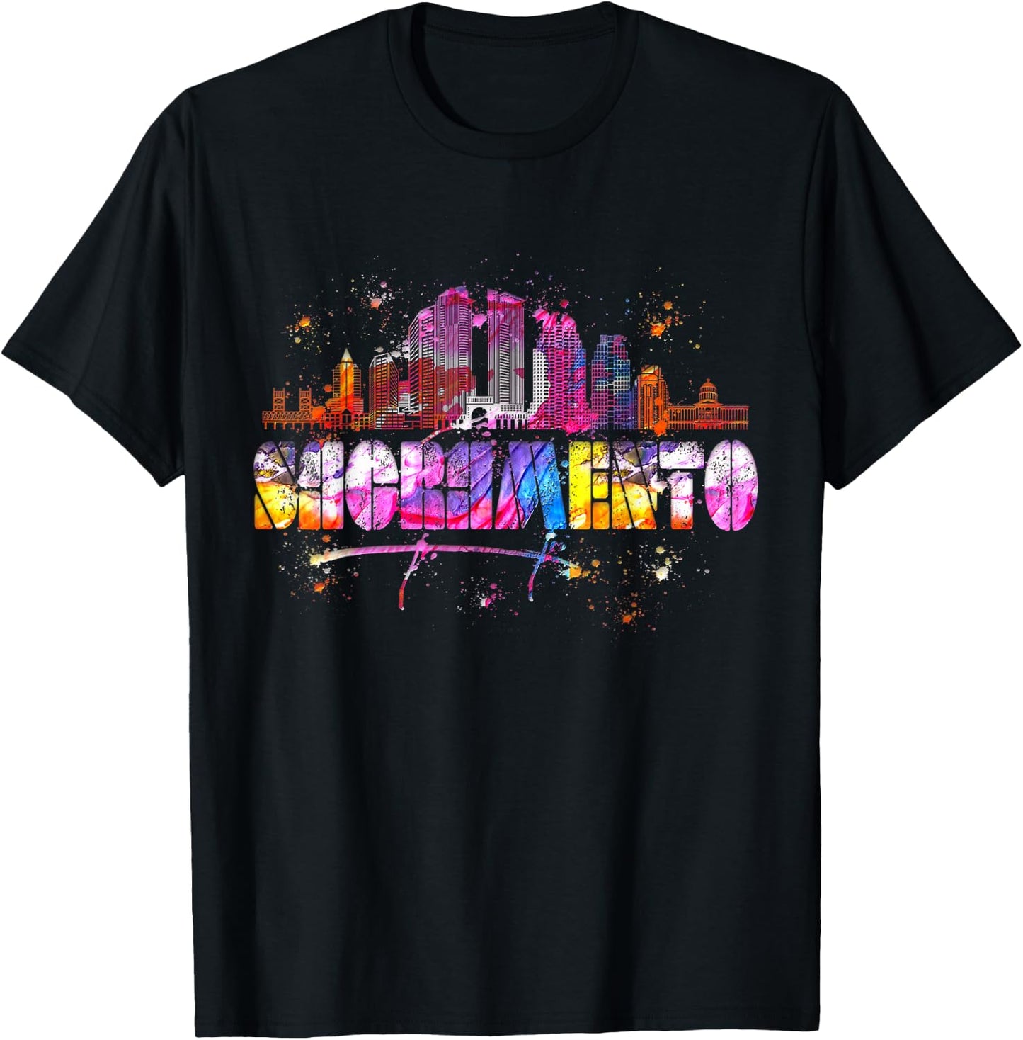 Watercolor Sacramento Skyline - Sacramento Lettering T-Shirt - T-Shirt | Black