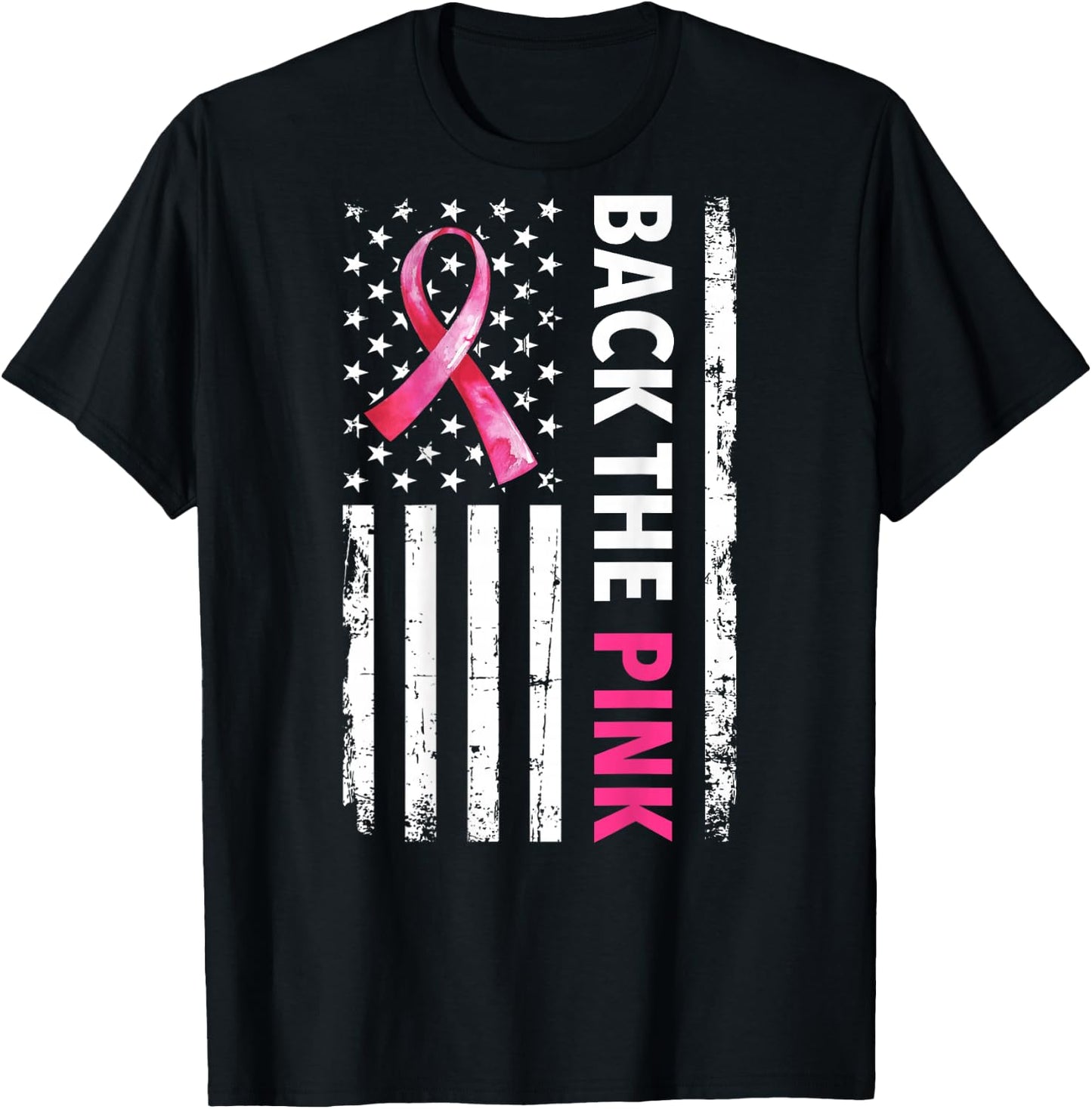 Back The Pink Ribbon USA American Flag Breast Cancer Support T-Shirt - T-Shirt | Black