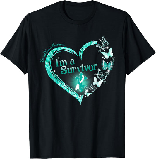 Teal Ribbon Butterfly Cervical Cancer I'm A Survivor T-Shirt - T-Shirt | Black