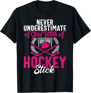 Never Underestimate A Girl With A Hockey Stick Hockey Puck T-Shirt - T-Shirt | Black