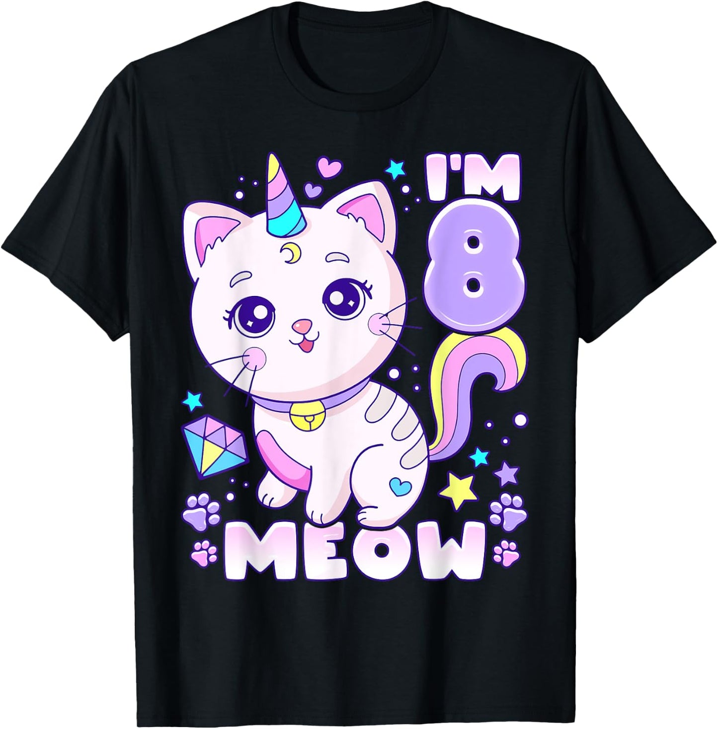 Birthday girl 8 years old, cat, unicorn, 8th birthday T-Shirt - T-Shirt | Black