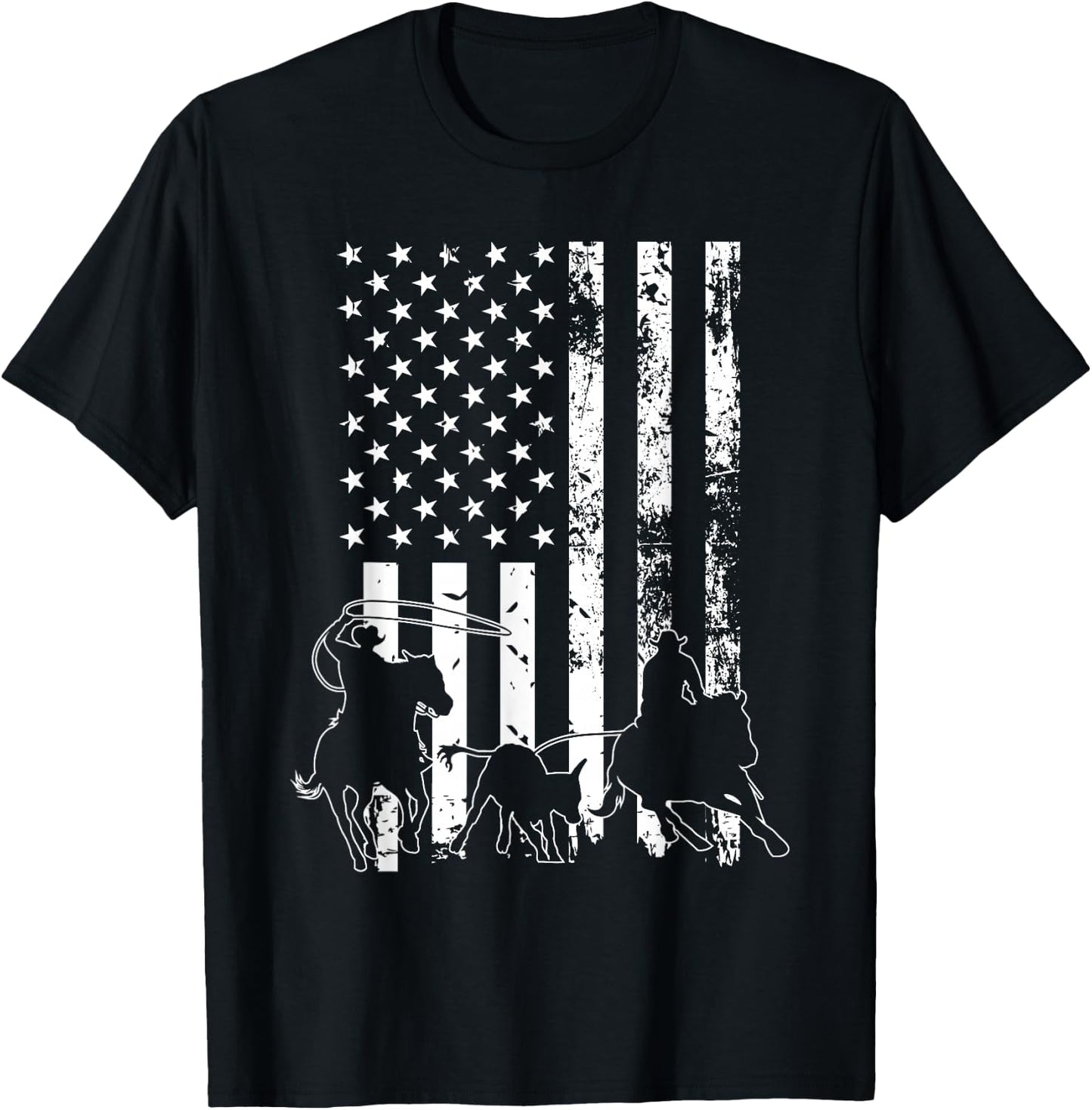 Team Roping - USA Flag Equestrian Horse Riding Header Heeler T-Shirt - T-Shirt | Black