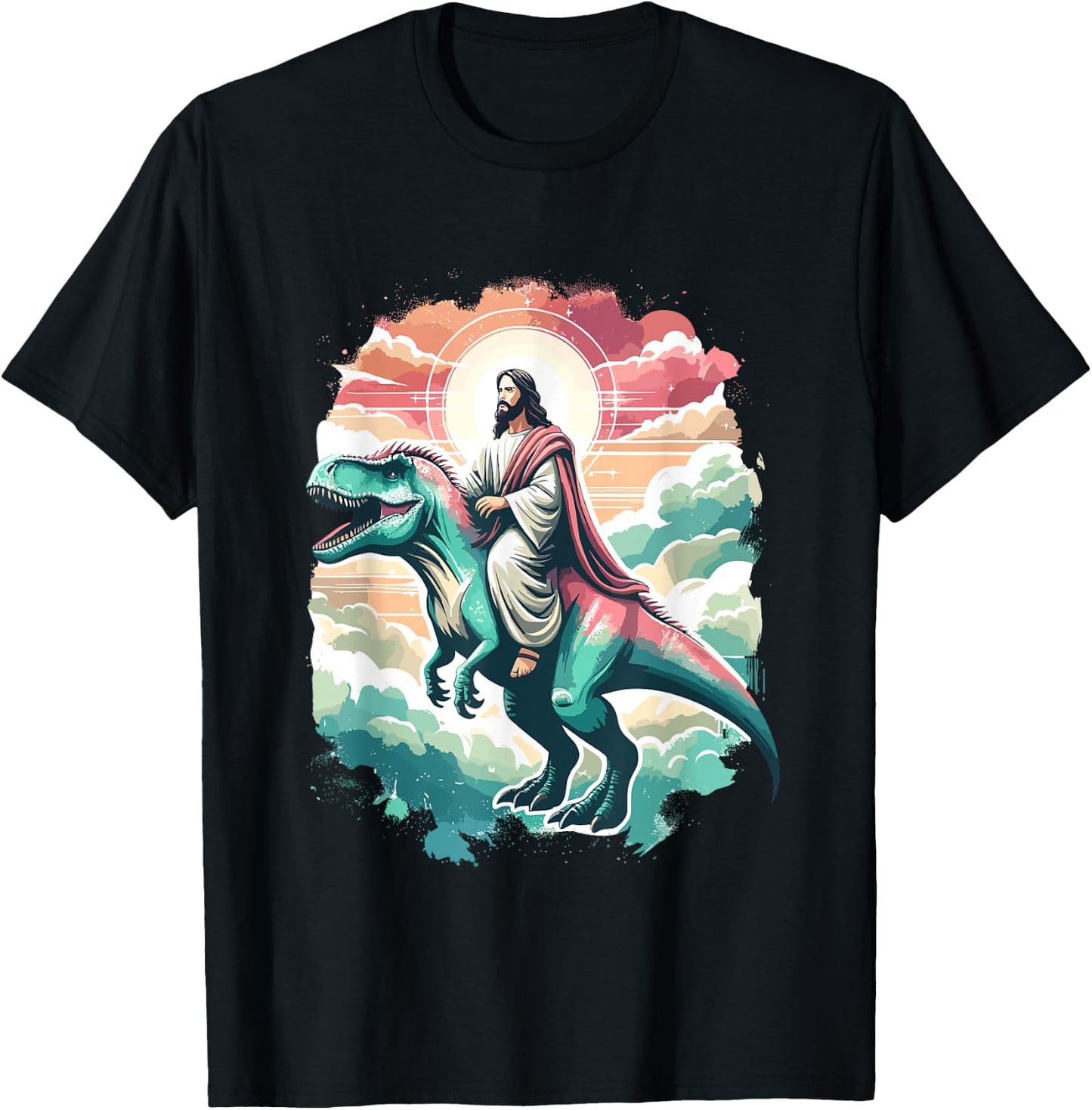 Funny Jesus Riding T-Rex Dinosaur Meme Parody for Believers T-Shirt - T-Shirt | Black