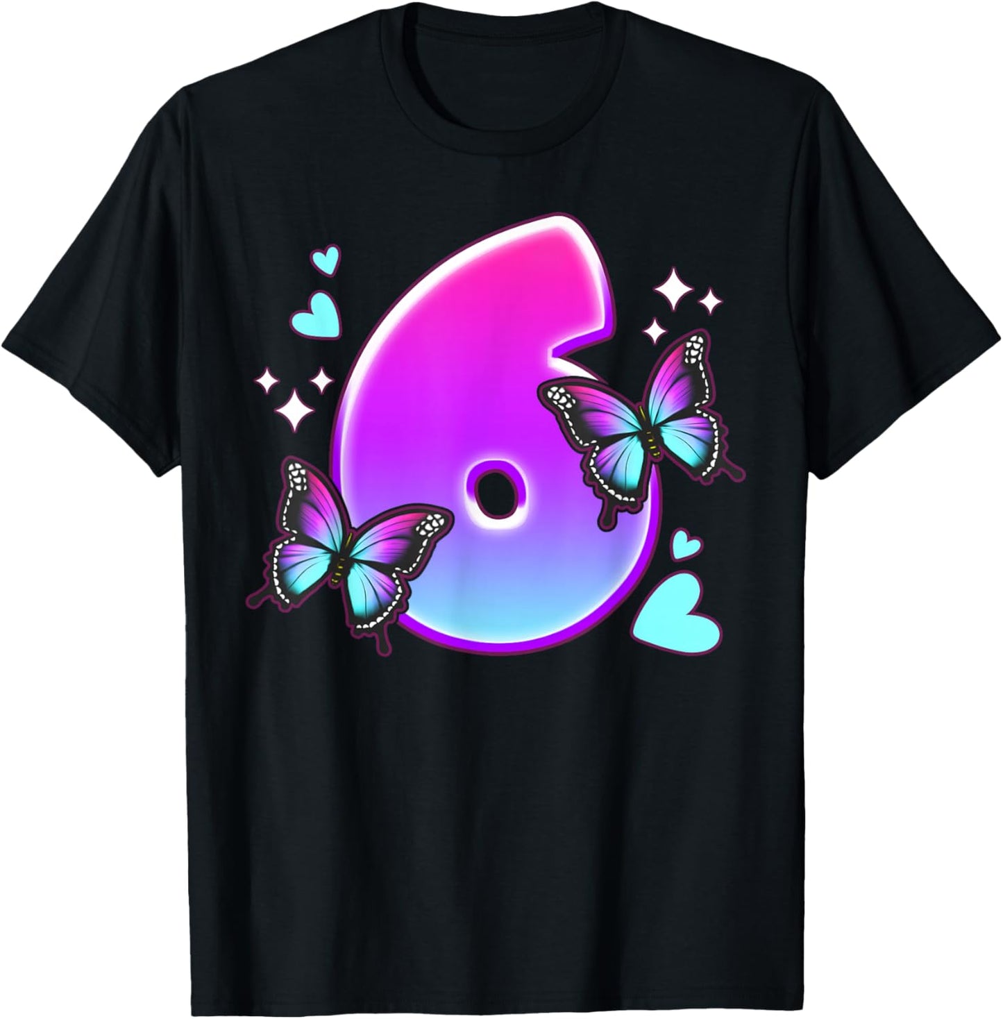 Birthday Girl 6 Years, Butterflies and Number 6 T-Shirt - T-Shirt | Black
