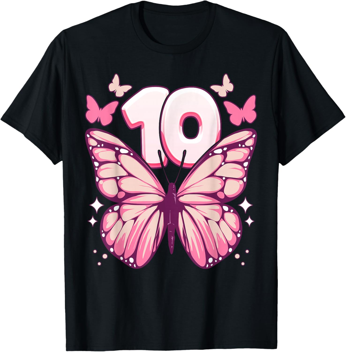 Birthday Girl 10 Years, Butterflies and Number 10 T-Shirt - T-Shirt | Black