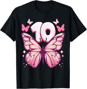 Birthday Girl 10 Years, Butterflies and Number 10 T-Shirt - T-Shirt | Black