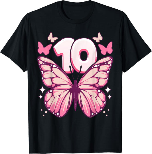 Birthday Girl 10 Years, Butterflies and Number 10 T-Shirt - T-Shirt | Black