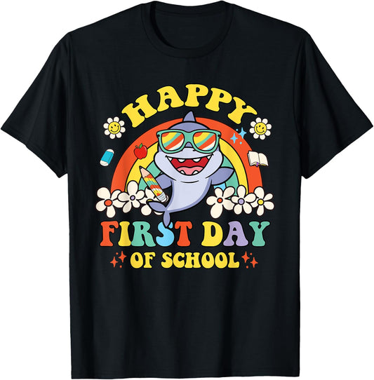 Groovy Happy First Day Of School Cute Shark Rainbow T-Shirt - T-Shirt | Black