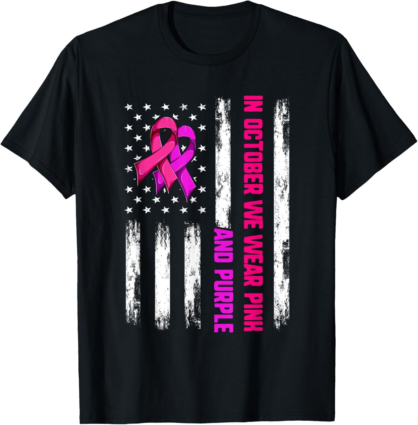 We Wear Purple And Pink In October Shirt, Flag Ribbons USA T-Shirt - T-Shirt | Black
