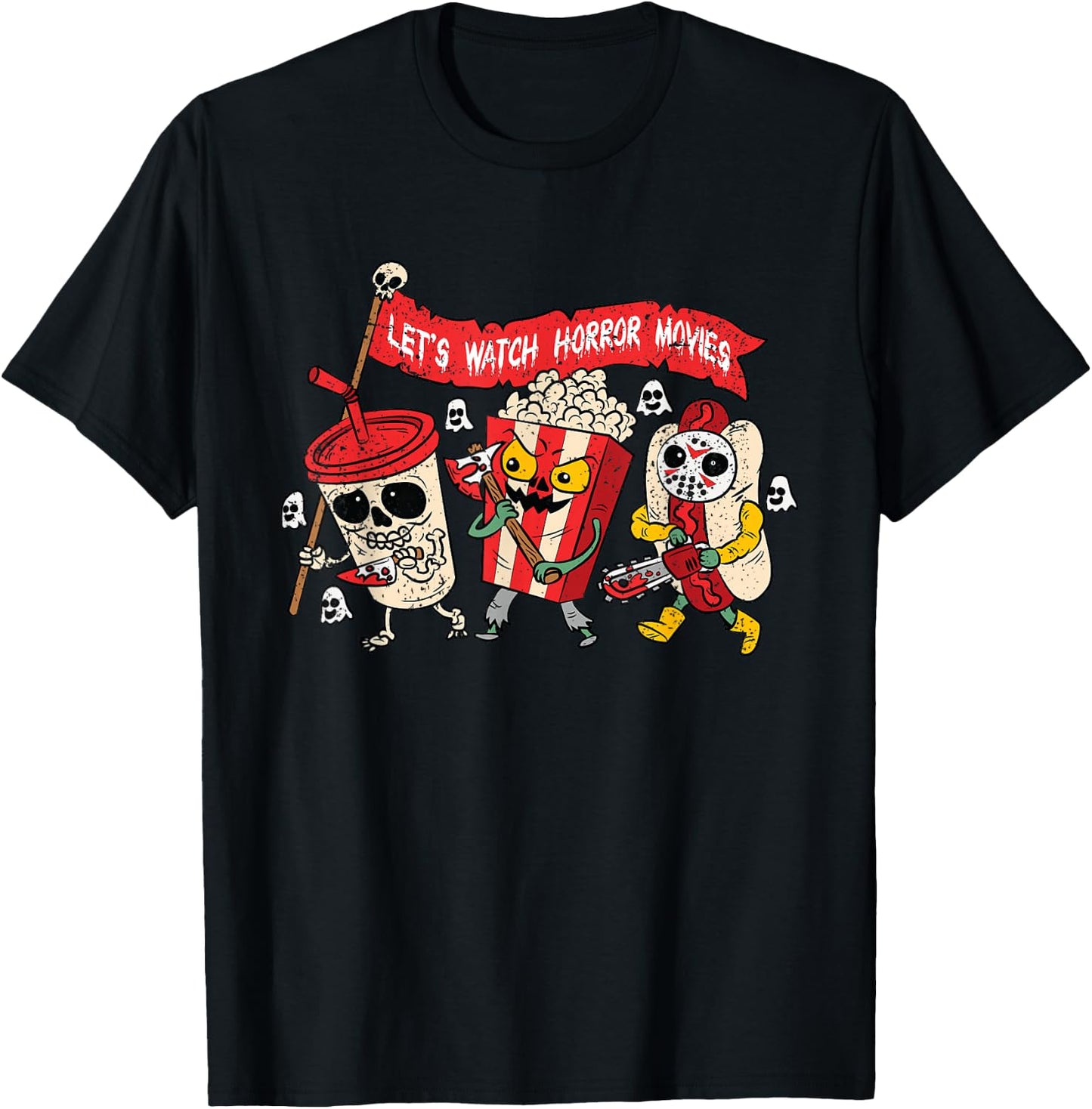 Lets Watch Horror Movies Halloween Funny Ghost Skeleton T-Shirt - T-Shirt | Black