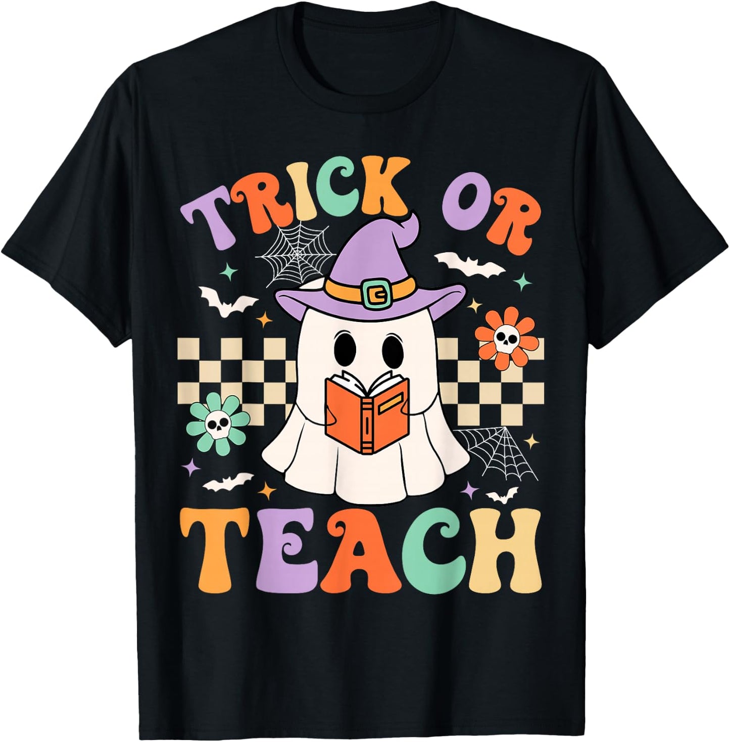 Trick Or Teach Groovy Teacher Halloween Retro Floral Ghost T-Shirt - T-Shirt | Black