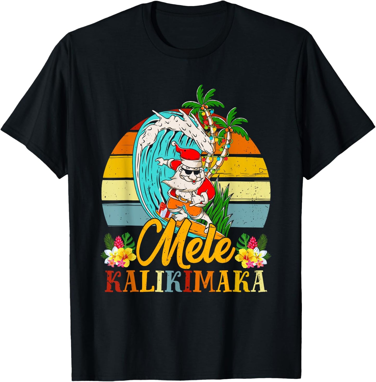 Mele-Kalikimaka Retro Christmas Santa Shaka Hawaii T-Shirt - T-Shirt | Black