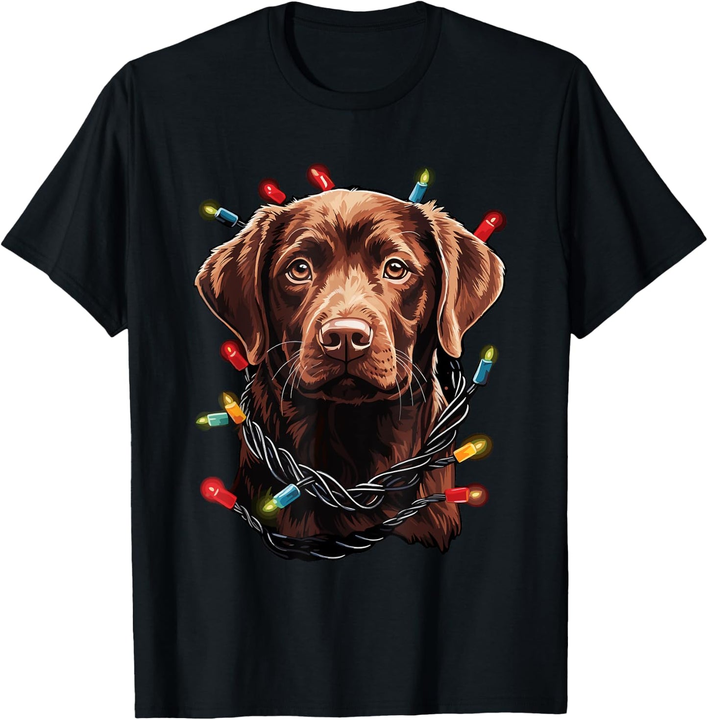 Chocolate Labrador Dog Christmas Lights Santa Hat Xmas T-Shirt - T-Shirt | Black
