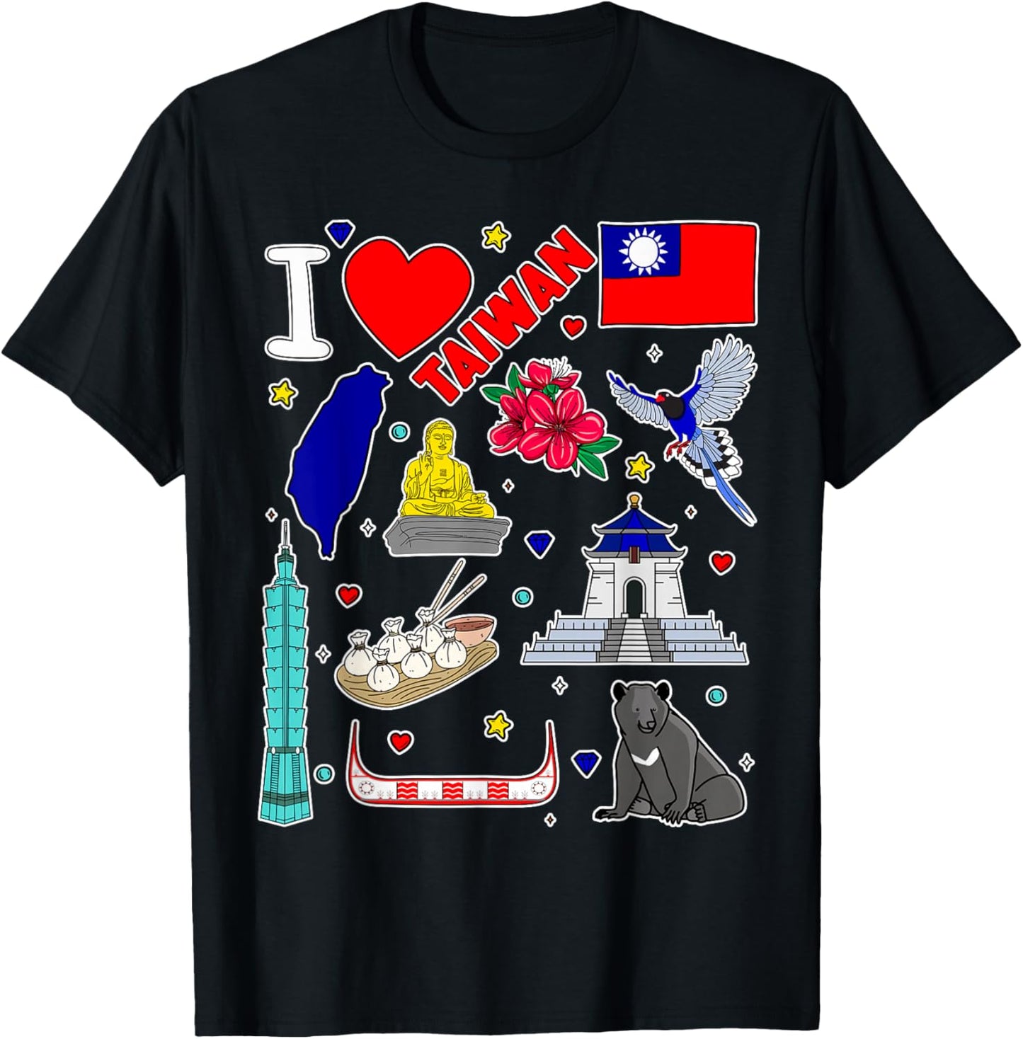 Taiwanese hand drawn symbols, Taiwan map, cultural icons T-Shirt - T-Shirt | Black