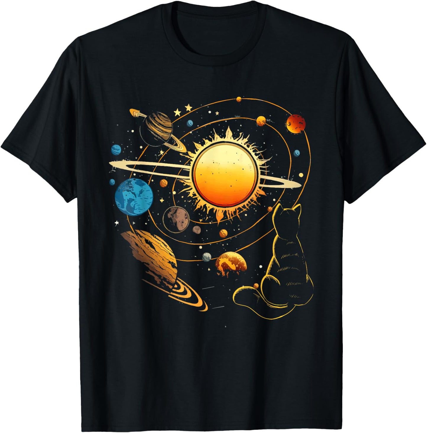 Cat And Planets - Galaxy Stars Kitten Kitty Animal Pet Lover Men Women Kids T-Shirt - T-Shirt | Black
