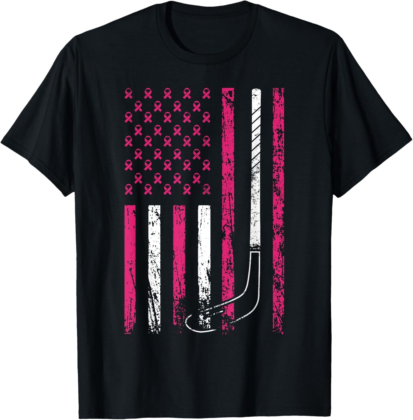 American Sports Flag Breast Cancer Awareness Ice Hockey T-Shirt - T-Shirt | Black