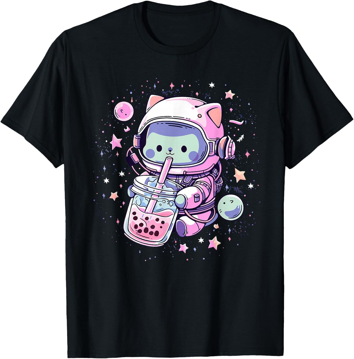 Kawaii Cat Bubble Boba Tea in Space Astronaut Anime Girls T-Shirt - T-Shirt | Black