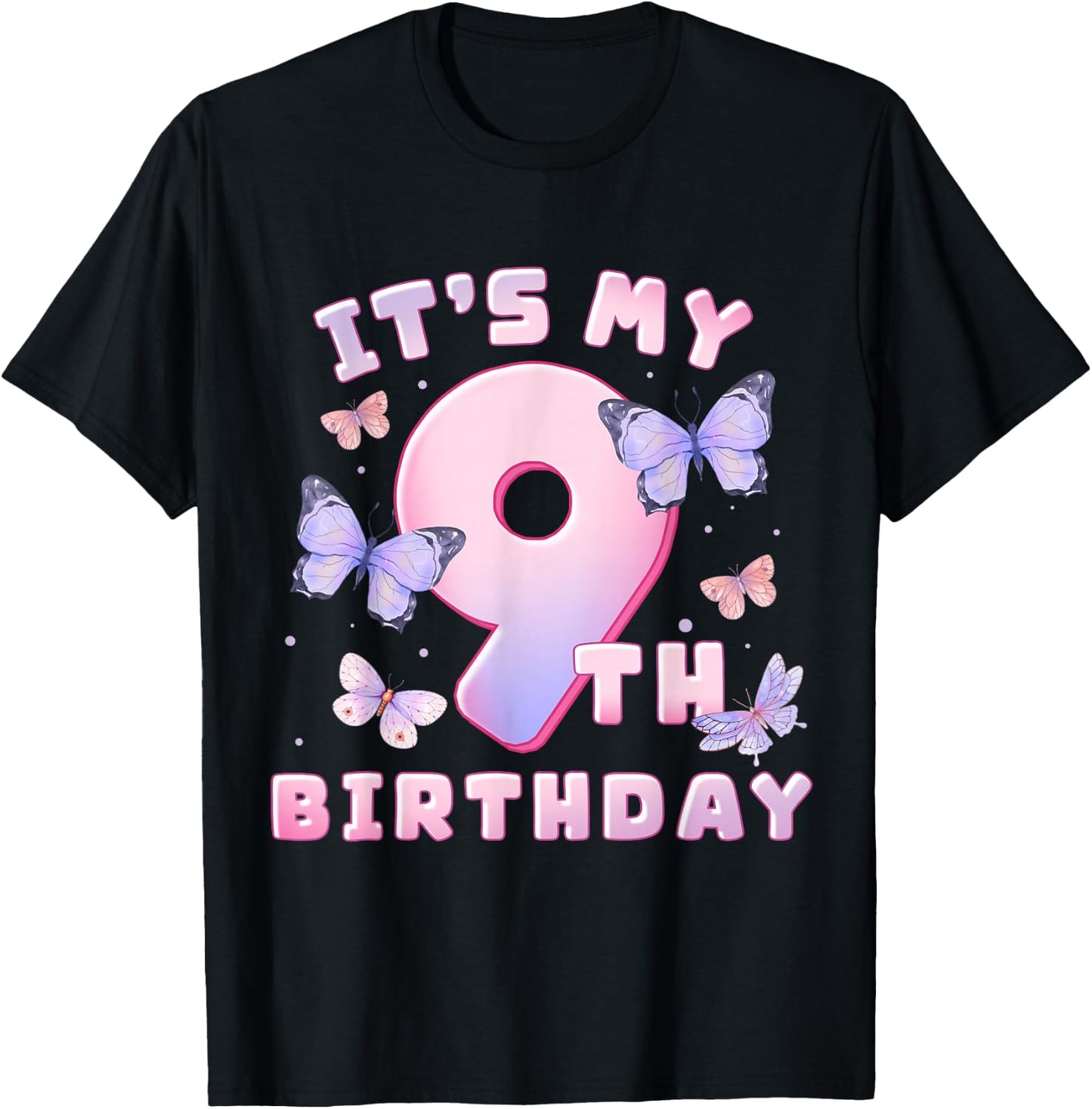 9th Birthday Girl Butterflies and Number 9 Cute Kids T-Shirt - T-Shirt | Black