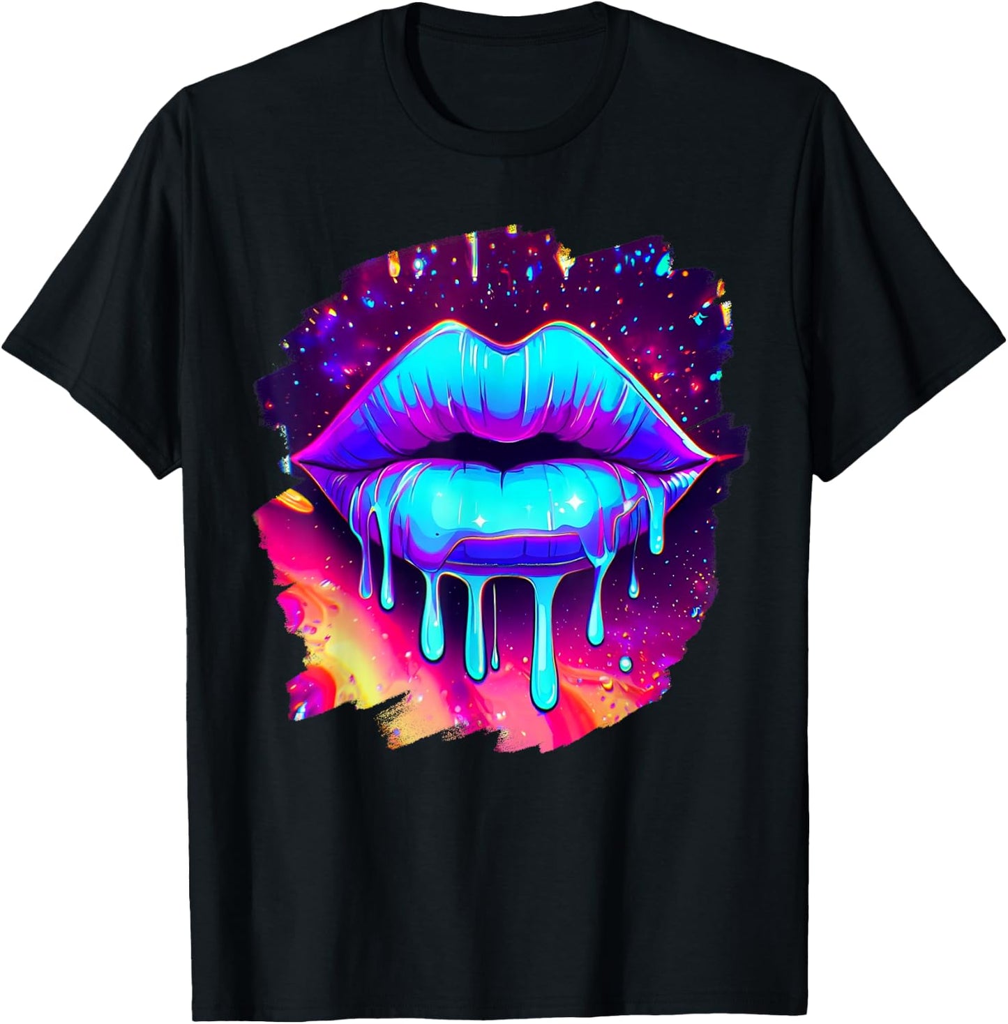 Rainbow Lips in Space Fashion Lip Art Design Print Colorful T-Shirt - T-Shirt | Black