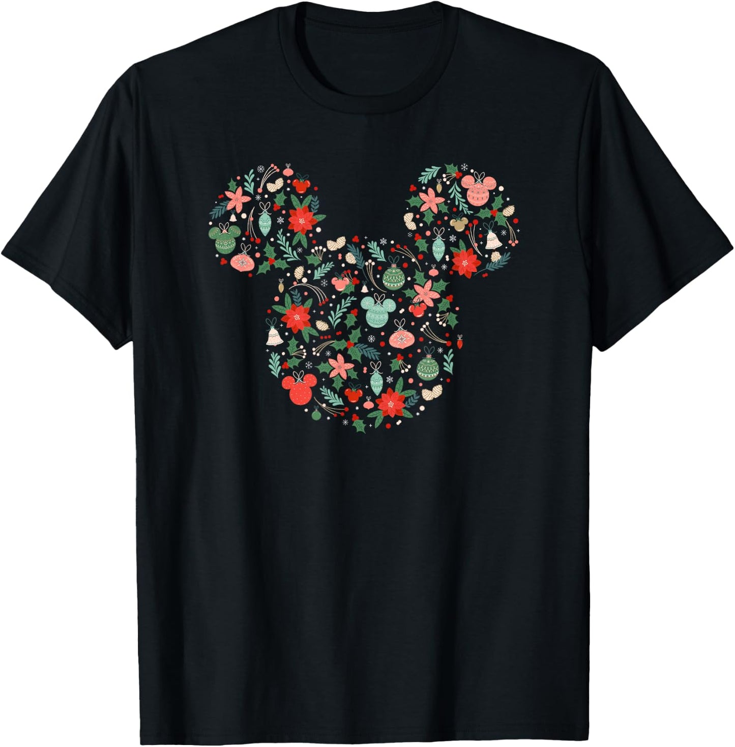 Disney Mickey Mouse Head Icon Christmas Ornaments & Holly T-Shirt - T-Shirt | Black