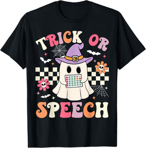 Trick or Speech Retro SLP Halloween Speech Therapy Halloween T-Shirt - T-Shirt | Black