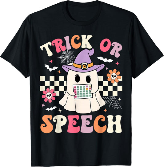 Trick or Speech Retro SLP Halloween Speech Therapy Halloween T-Shirt - T-Shirt | Black