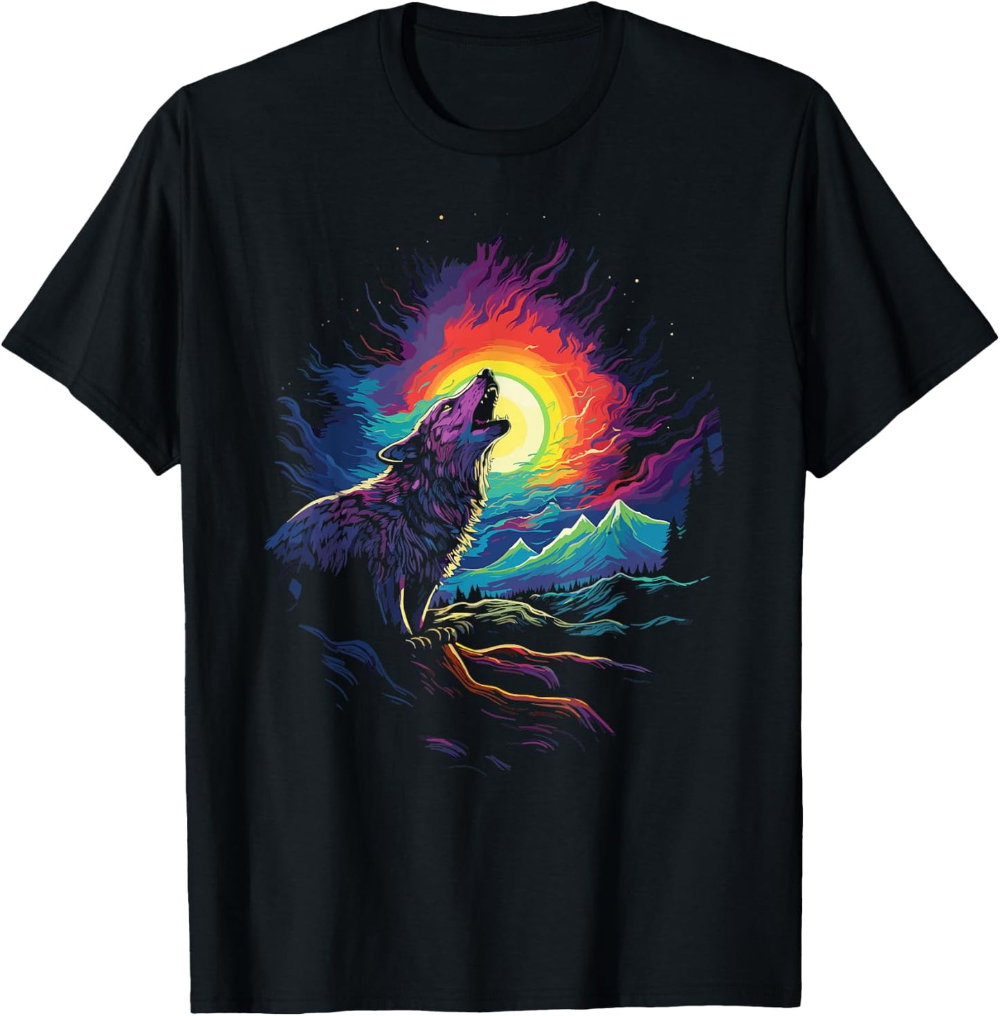 Howling Wolf Blacklight Painting Style the Full Moon T-Shirt - T-Shirt | Black