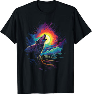 Howling Wolf Blacklight Painting Style the Full Moon T-Shirt - T-Shirt | Black
