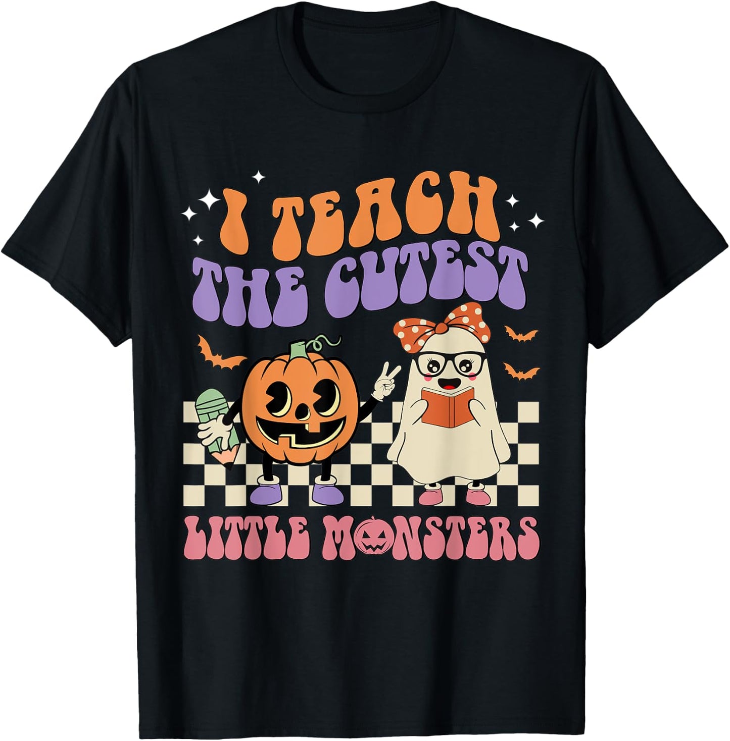 I Teach The Cutest Little Monster Retro Teacher Halloween T-Shirt - T-Shirt | Black