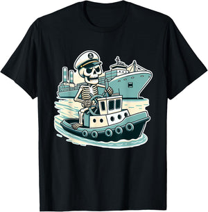 Halloween Skeleton Tugboat Captain T-Shirt - T-Shirt | Black