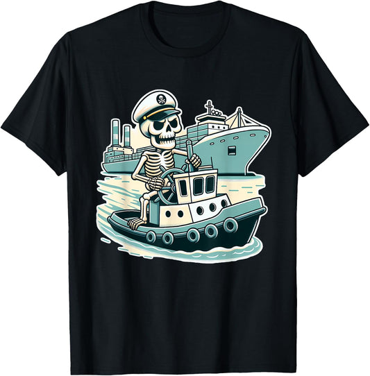 Halloween Skeleton Tugboat Captain T-Shirt - T-Shirt | Black