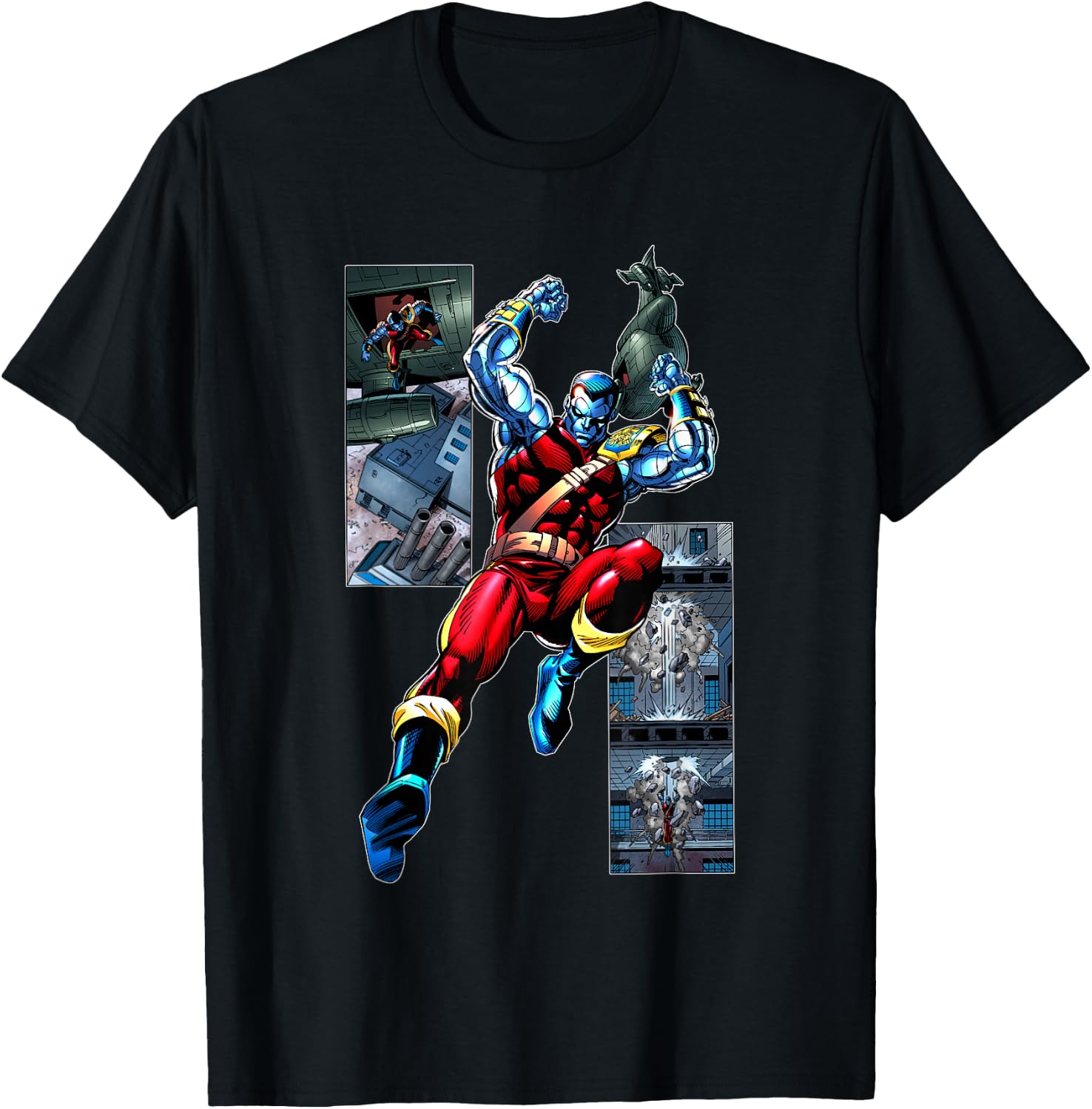 Marvel X-Men Colossus Jumping Through Roof Comic Panels T-Shirt - T-Shirt | Black