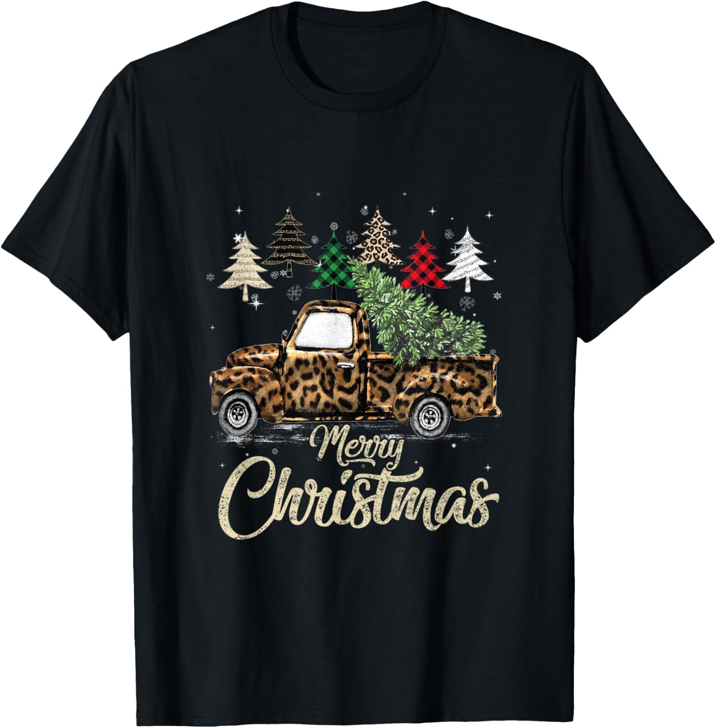 Green Buffalo Plaid Christmas Tree Leopard Covered Red Truck T-Shirt - T-Shirt | Black