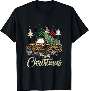 Green Buffalo Plaid Christmas Tree Leopard Covered Red Truck T-Shirt - T-Shirt | Black