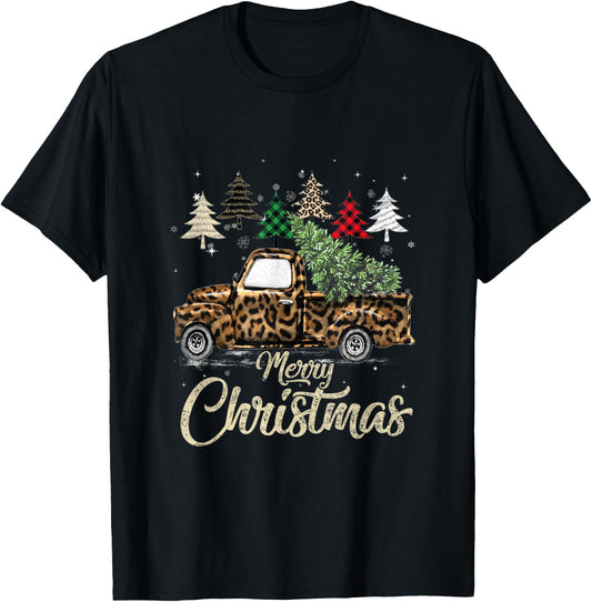 Green Buffalo Plaid Christmas Tree Leopard Covered Red Truck T-Shirt - T-Shirt | Black