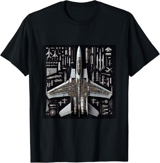 F-14 Tomcat Fighter Jet Anatomy Blueprint Military Aviation Men Women Girls Kids T-Shirt - T-Shirt | Black