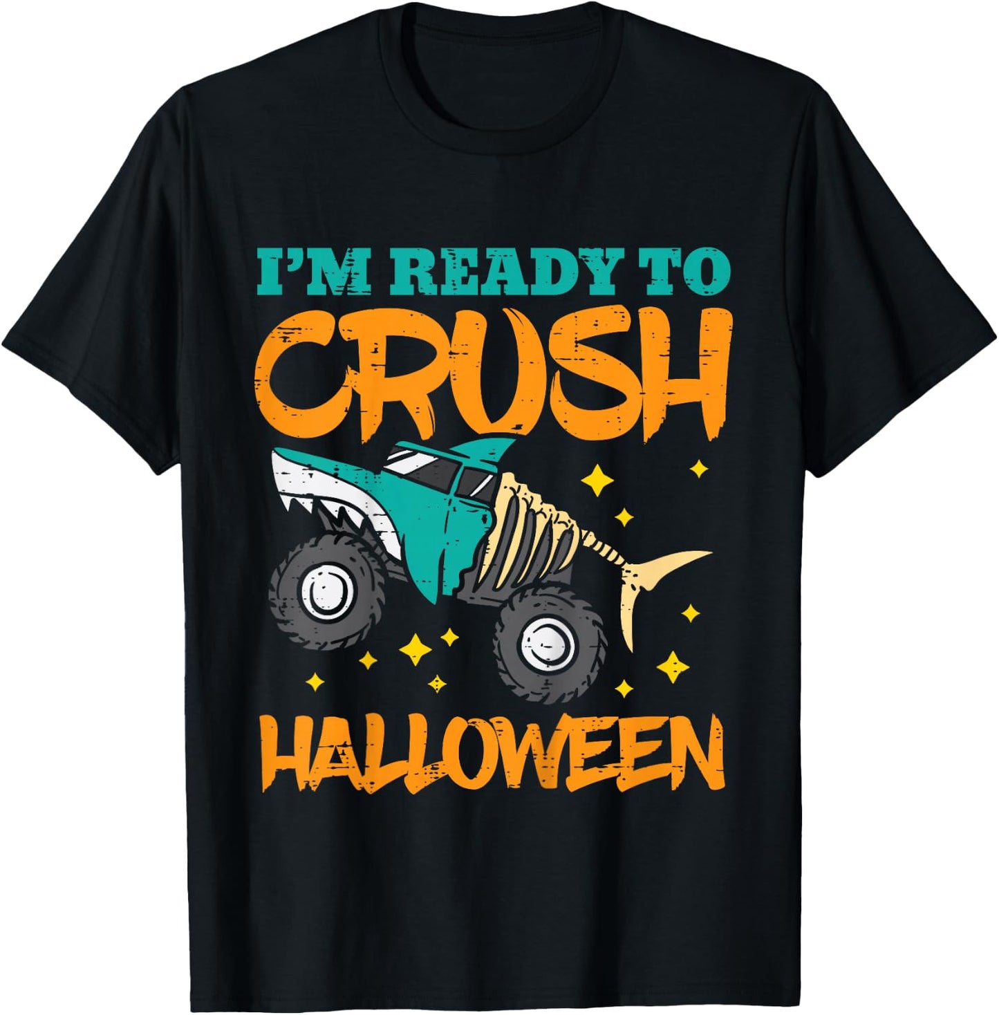 Kids Shark Skeleton Monster Truck Crush Halloween Toddler Boys T-Shirt - T-Shirt | Black