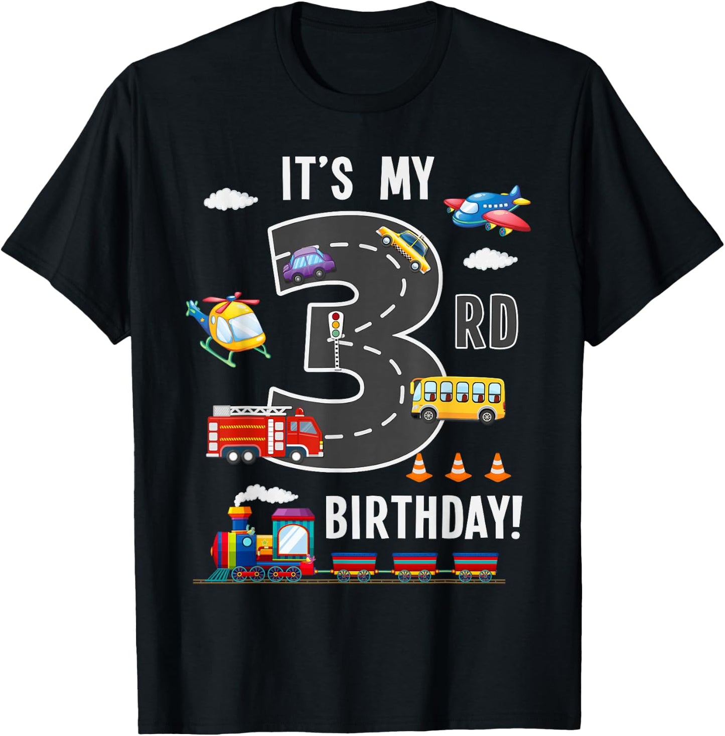 Its My 3rd Birthday Boy 3 Bday Train Car Fire Truck Airplane T-Shirt - T-Shirt | Black