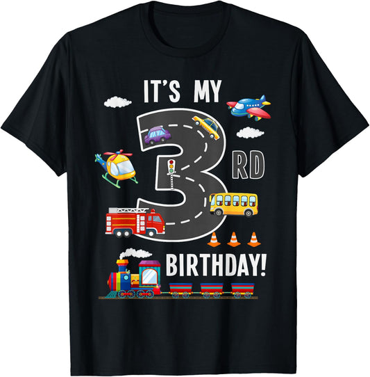 Its My 3rd Birthday Boy 3 Bday Train Car Fire Truck Airplane T-Shirt - T-Shirt | Black