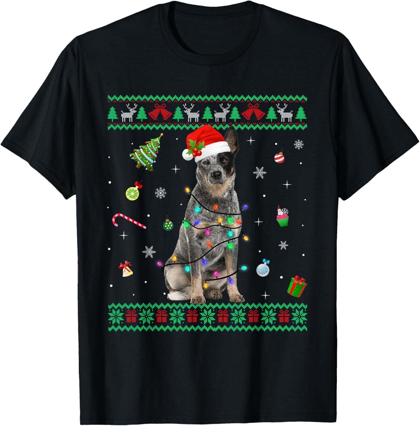 Ugly Sweater Australian Cattle Dog Christmas Light Santa Hat T-Shirt - T-Shirt | Black