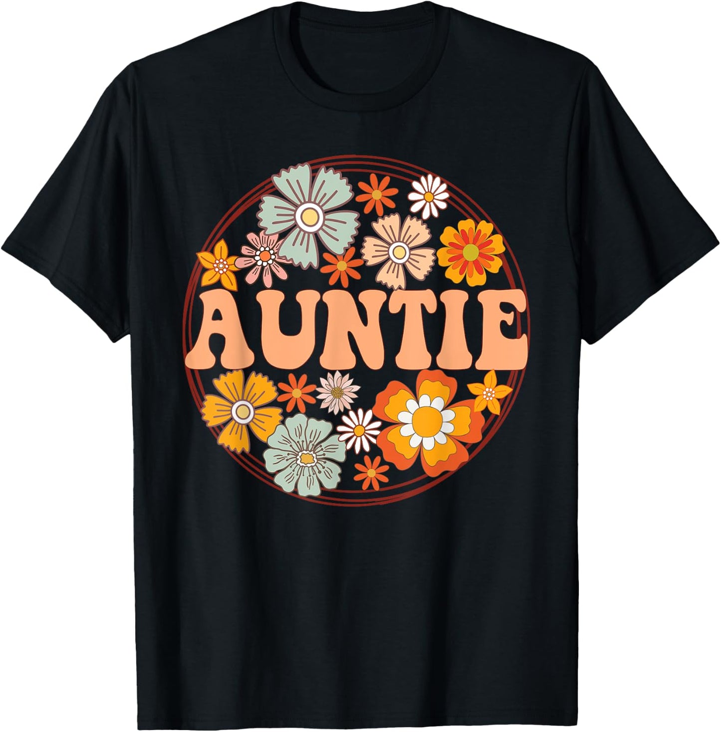 Groovy Auntie Retro Flowers Women Mother's Day Aunt T-Shirt - T-Shirt | Black